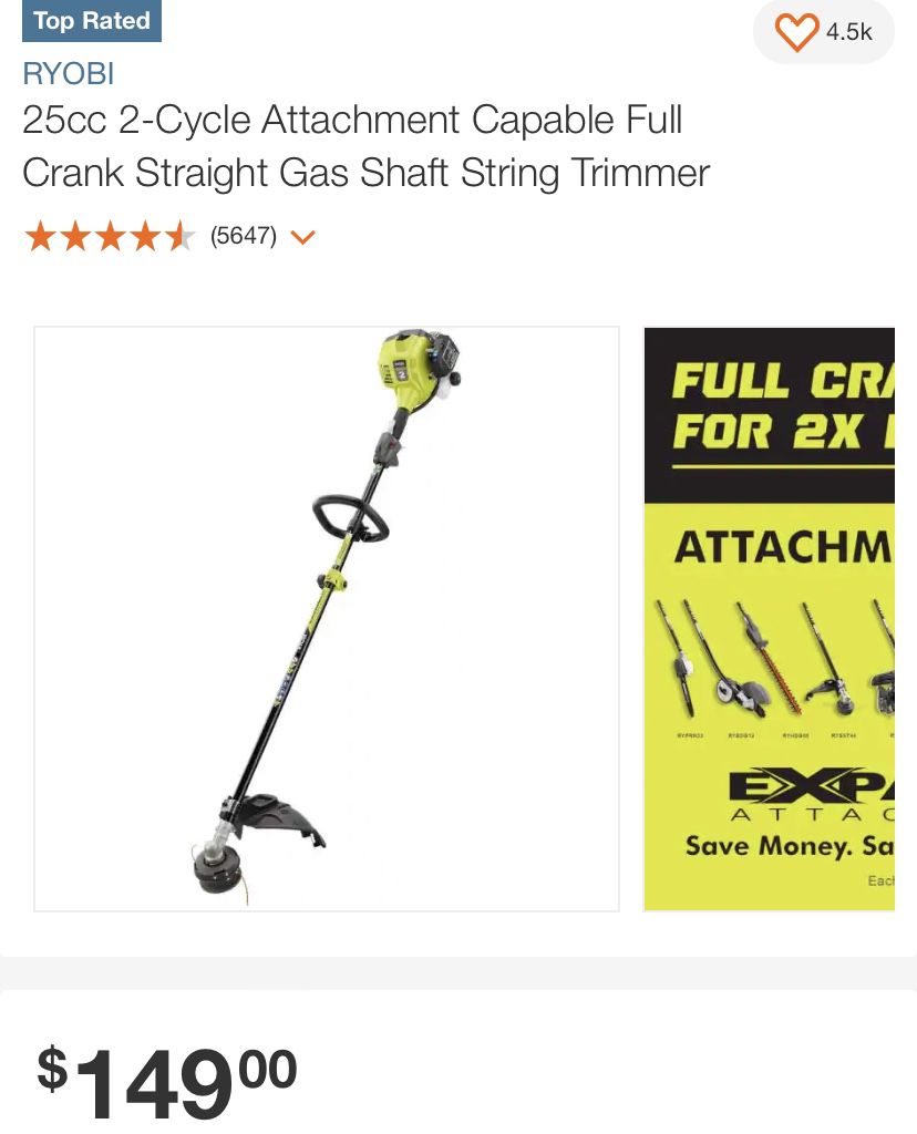RYOBI 25cc 2-Cycle Attachment Capable Full Crank Straight Gas Shaft String Trimmer