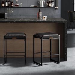 2 X Bar Stools , Counter Height Bar Stools, Synthetic Leather with Stitching, Mid-Century Modern Counter Stools, 26-Inch Tall