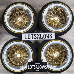 New set of 14x7 chrome & gold center cross lace rims with Vogue whitewall with yellow stripe tires