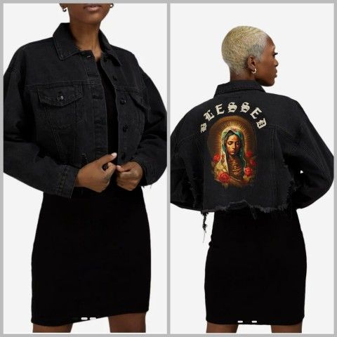 TRIO Urban Black Cropped Distress Denim Jacket with Blessed Graphic M/L