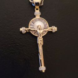 Gold Plated Sterling Silver Cross With Zirconium Stones With 24 Inch Rope Chain