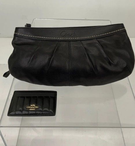 Coach Black Pleated Leather Clutch Handbag + Quilted Card Wallet COA