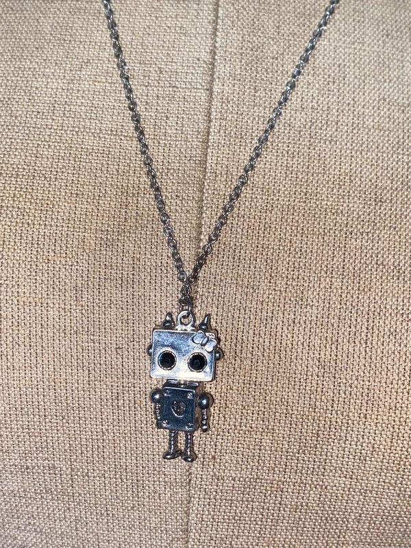 24” silvertone metal chain necklace hanging robot pendant rhinestone Good·NO LABEL 