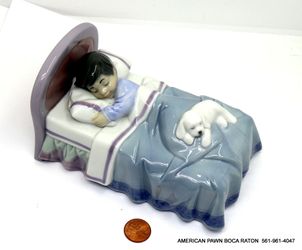 Lladro #6541 "Bedtime Buddies" Boy in Bed with White Puppy Figurine Retired