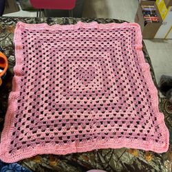 Pink Hearted Homemade Crocheted Baby Blanket 