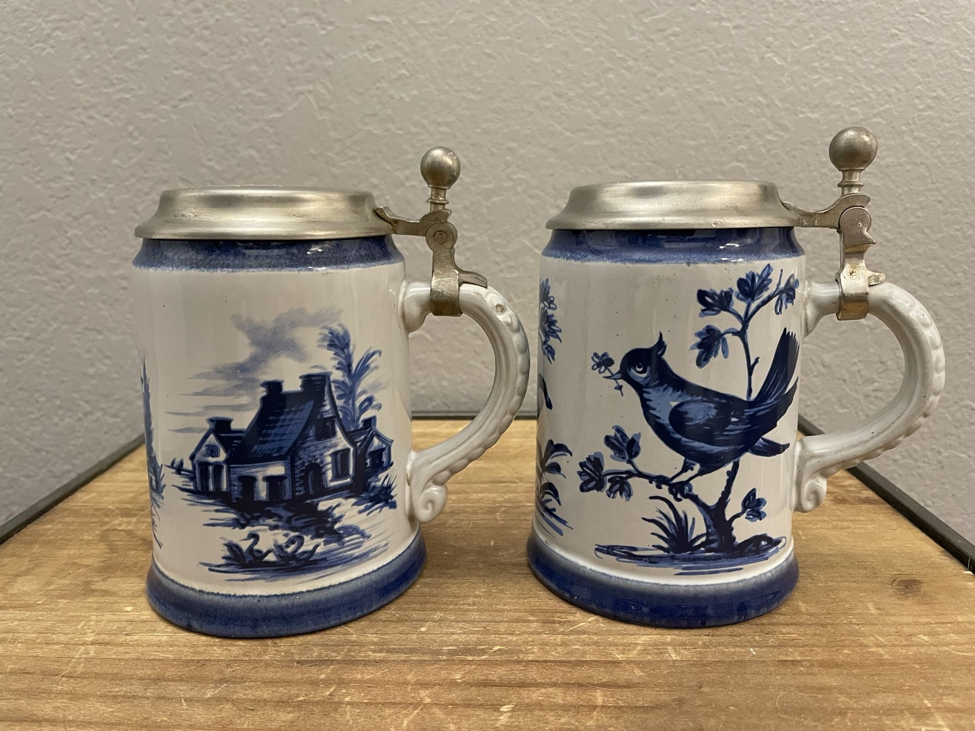 Authentic German Beer Stein Pair With Pewter Lids