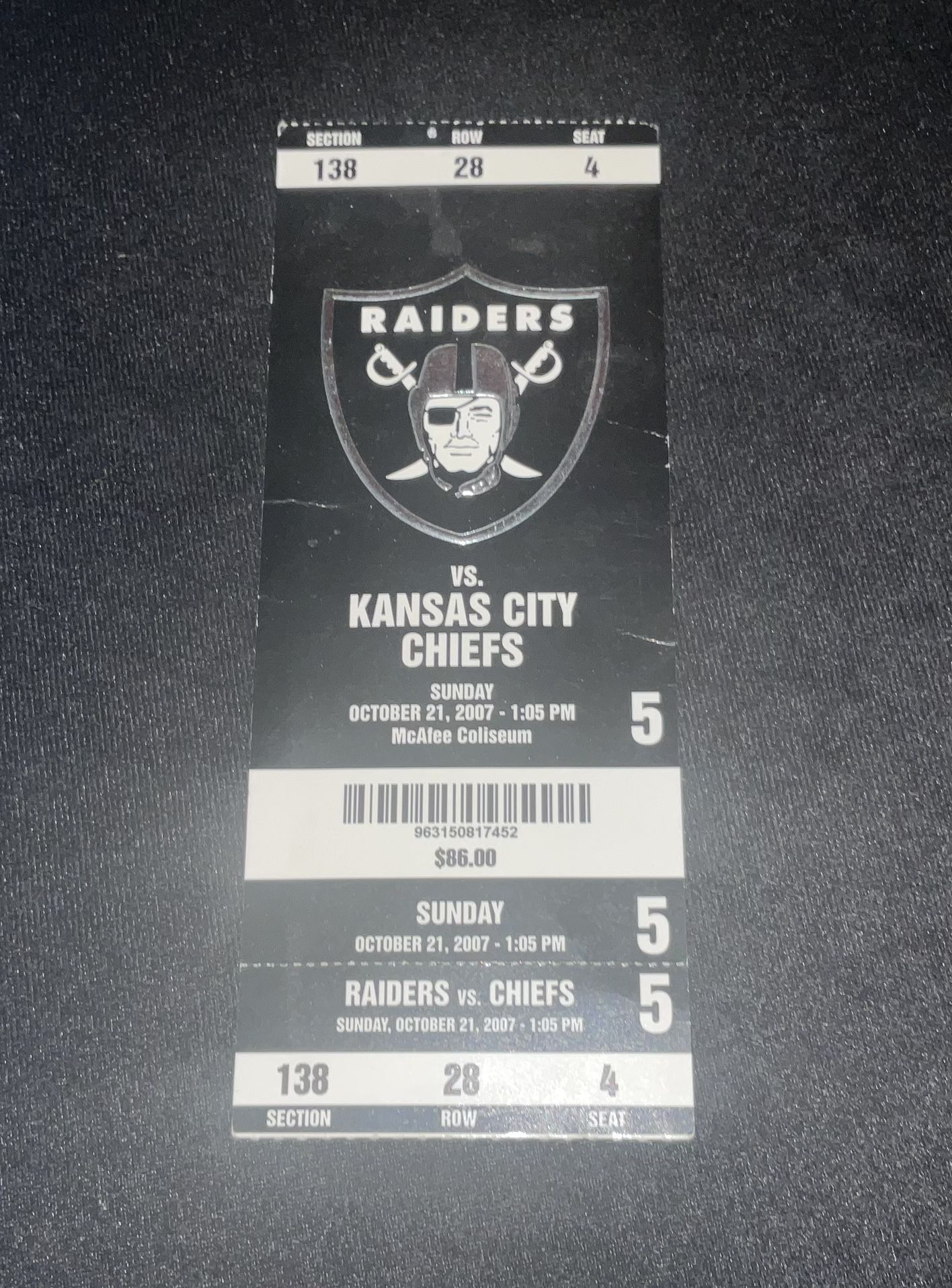 Oakland Raiders vs Kansas City Chiefs Ticket Stub 10/21/2007 Oakland Coliseum VS RAIDERS- Official TICKET STUB- Excellent Condition “Raider Nation”