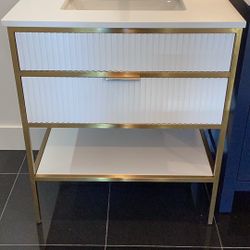 30” Bathroom Vanity Cabinet Metal Frame Solid Wood Quartz Top 