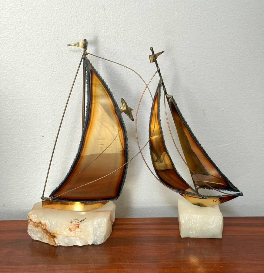 Vintage Authentic Mid Century Modern MCM Signed DeMott Brass Pair Of Sailboats On Quartz Stone With Seagull Bookends Decor