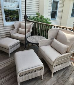 2 Hampton Bay Outdoor Wicker Chairs & Ottomans $500 Tile Top Table $100.
