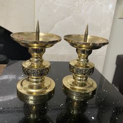 Brass Pillar Candle Holder 5 3/4” Tall. Set of 2