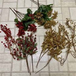 Red and Gold Glittery Floral Sprigs Lot
