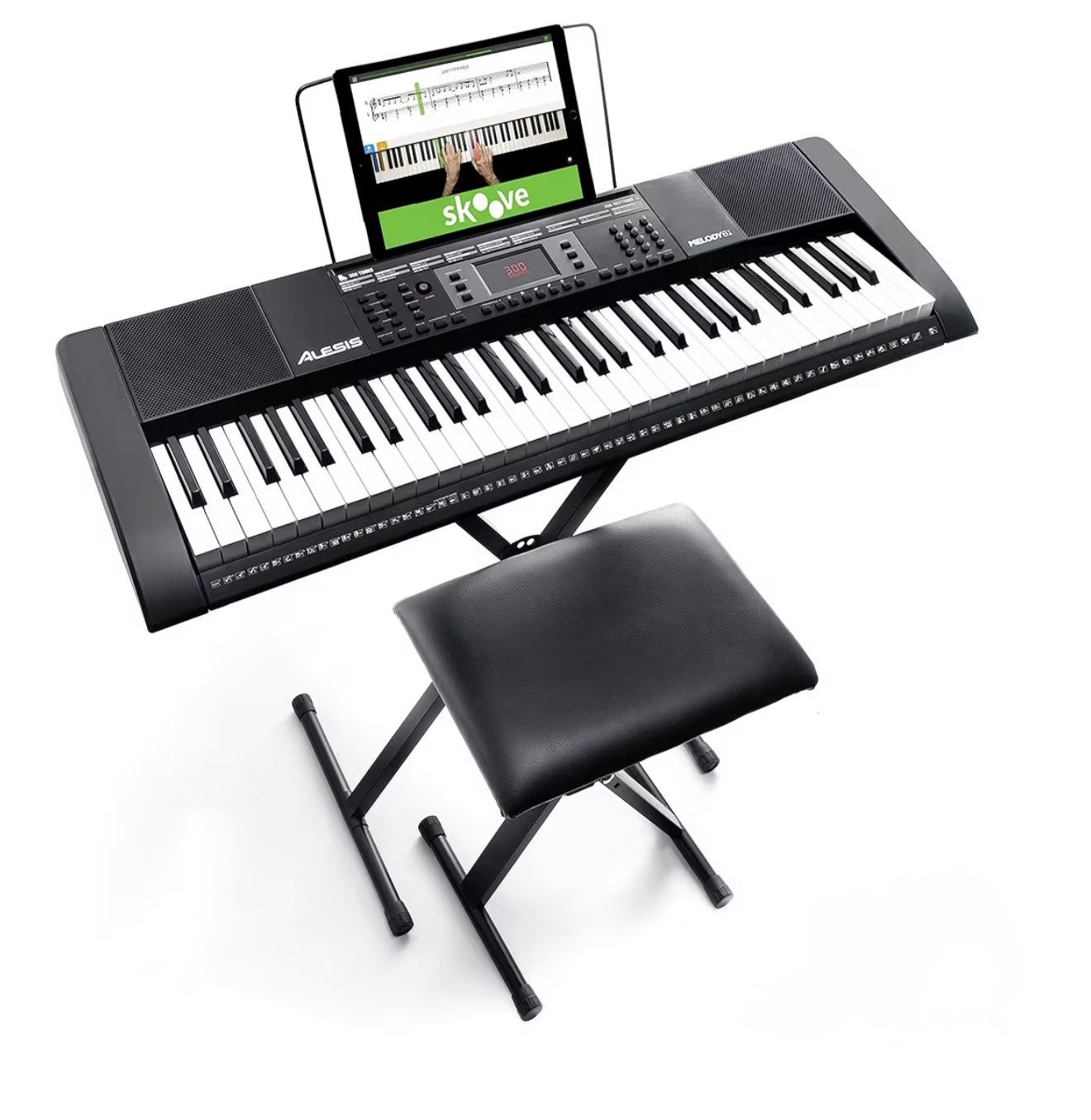Alesis Melody 61 MKII Key Keyboard Piano for Beginners with Speakers, Stand, Bench, Sheet Music Stand, 300 Sounds and Music Le