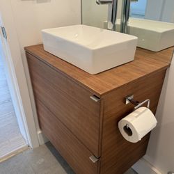 Floating Bathroom Vanity w/ Vessel Sink + Faucet (Wood, 2-Drawer)
