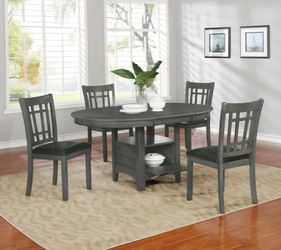 ☠️ Round/Oval Dining Table, 4 Chairs, Dark Gray, Black Leather, Storage, New in the Box.