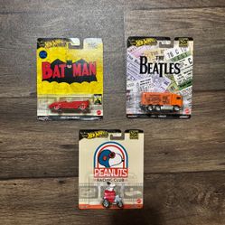 Hot Wheels Premium Pop Culture Lot Of 3- Batman, The Beatles, Snoopy