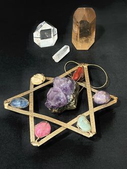 Handmade wire-wrapped brass or gold-tone metal hexagram (Star of David) and Decorative Crystals