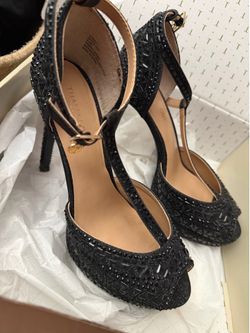 Thalia Sodi Women's Chace Black Ankle Strap Peep Toe Dress Pumps Embellished 6.5