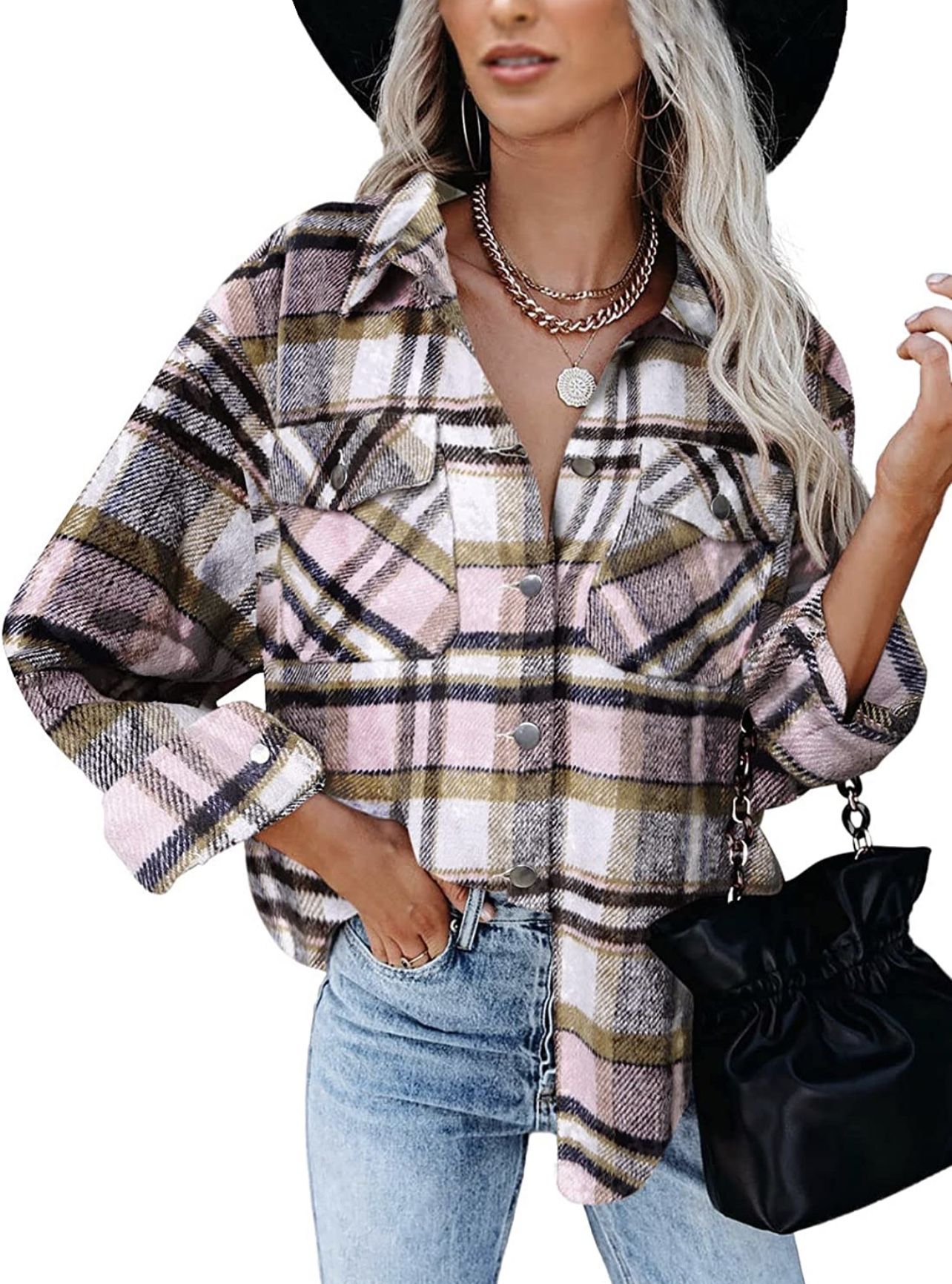 Women Corduroy Shacket Jacket 2022 Long Sleeve Button Down Casual Plaid Flannel Shirts Boyfriend Fall Blouses Tops