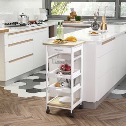Mobile Kitchen Cart, Rolling Kitchen Island with Storage, Solid Wood Frame Utility Cart with Wire Fruit Baskets, Trays and Drawer, White