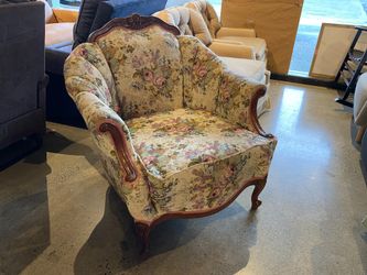 Vintage Tapestry Print Chair with Ornate Carved Detail