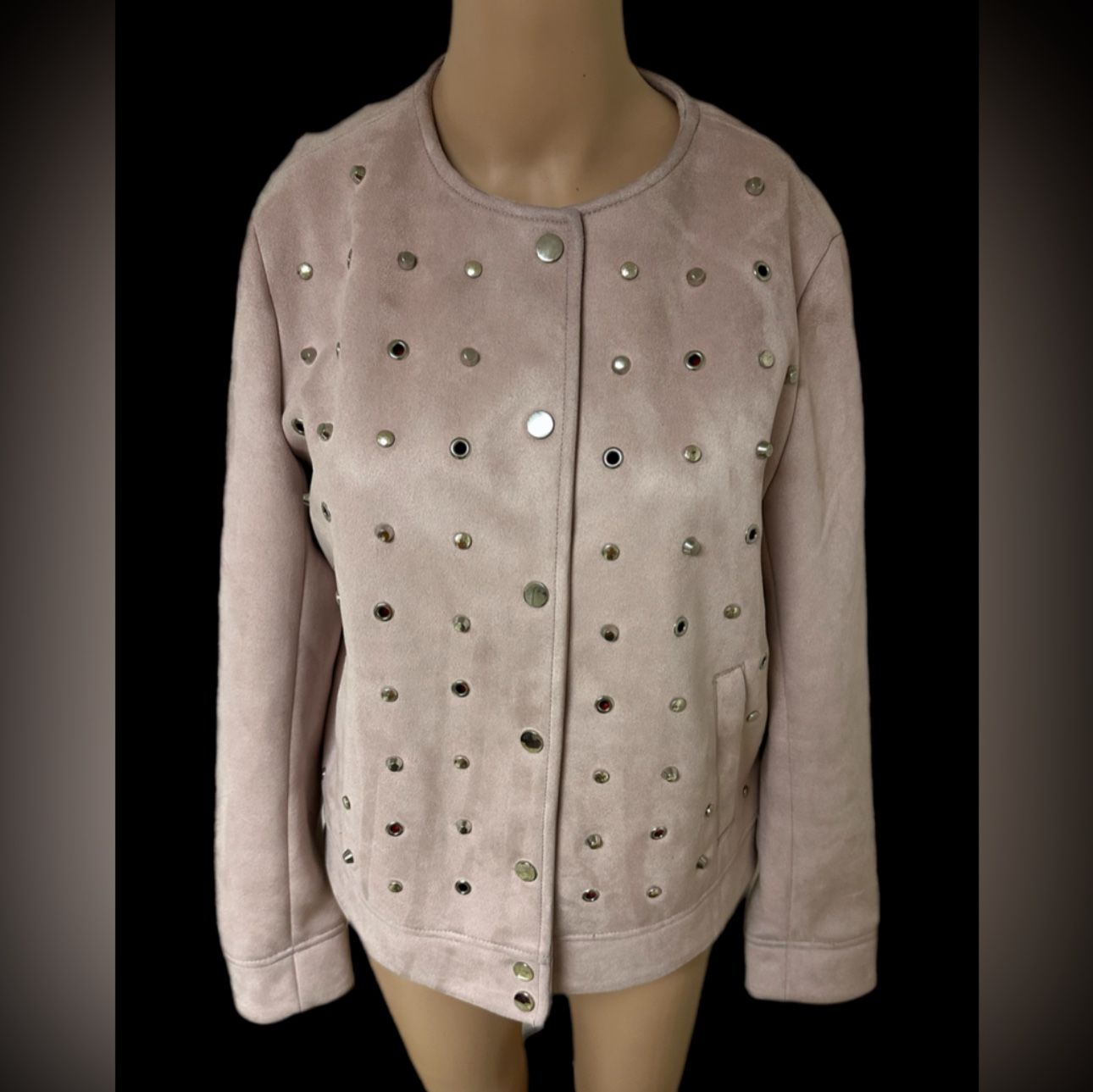Zara Basic Women’s Blush Pink Studded Suede Effect Snap Up Jacket Sz Large New