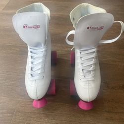 CHICAGO SKATES WHITE LEATHER ROLLER Rink SKATES WOMEN Sz 9  Pink Wheels