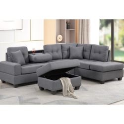 Modern Living Room 3 Pc Sectional Sofa With Ottoman 103.75 x 71.5” x 34.25”H // Holiday Sale 