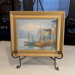 Signed W. Jones Vintage Coastal Harbor Oil Painting – Nautical Boat Scene Framed Wall Art