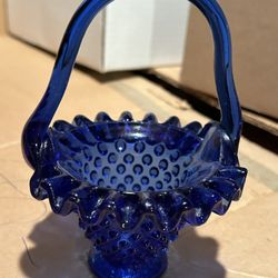 Vintage cobalt blue hobnail glass basket