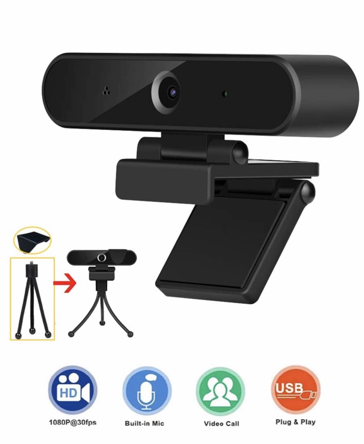 Webcam with Microphone, HD 1080P Webcam with Privacy Cover and Tripod, USB Computer Camera with Wide View Angle, PC Desktop Webcam for Video Calling