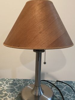 20 Inch Silver Lamp With Wood Grain Shade