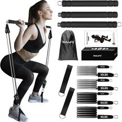 Plates Bar Kit with Resistance Band-Multi Functional Portable Weighted Exercise Pilates Bar, Resistance Bar at Home, Home Gym with Beginner Workout 