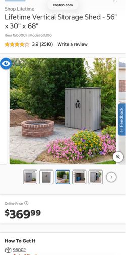 Used Costco lifetime verticals storage shed 56” x 30” x 68”