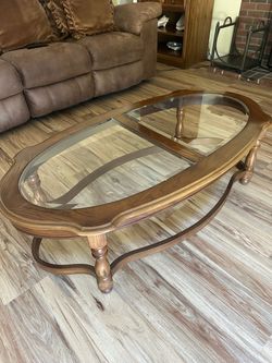Traditional Solid Wood Oval Glass Top Coffee Table 52” X 28” X 15” Good Used Condition