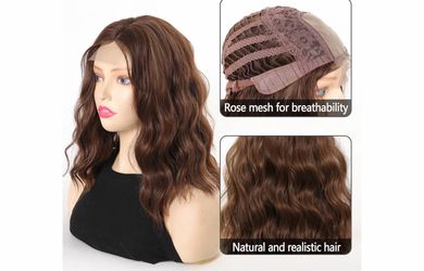 New Short Hair Wavy Wig for Women Shoulder Length Wigs 14 Inch Middle Part Curly Wavy Bob Wig Natural Looking Synthetic Heat Resistant Fiber Wig for D