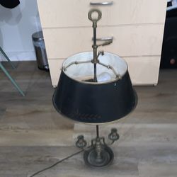 Antique Brass Table Lamp with Black Round Shade, Pull Chain, Laurel Leaf Pattern