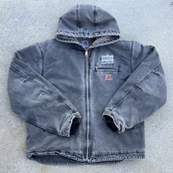 "FRISCO"  Vtg Hooded Carhartt Jacket - Black Distressed Detroit Canvas, Sherpa Lined