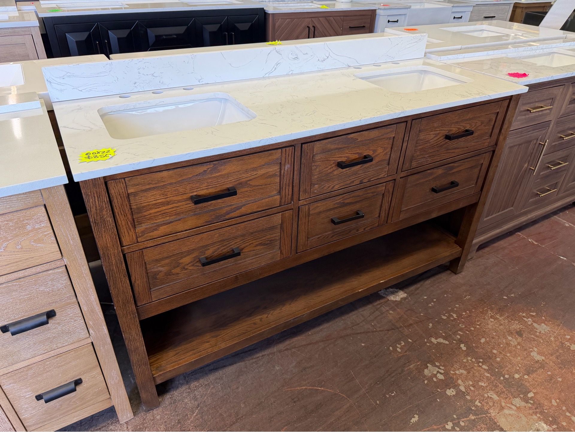 Tolbrook 60 in. Double Sink Brown Oak Bath Vanity with White Engineered Stone Top