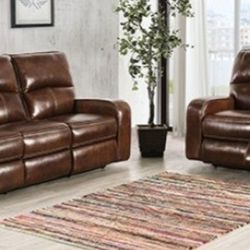 Brand New Brown Top Grain Leather Power Reclining Sofa & Loveseat 