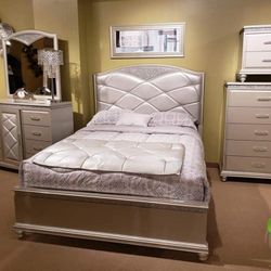 Champagne Led Upholstered Bedroom Set Queen or King Bed Dresser Nightstand Mirror Chest Options 