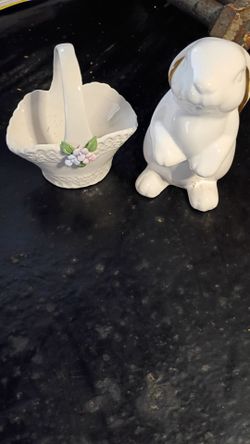 White Ceramic Bunny Figurine and Flower Basket Set