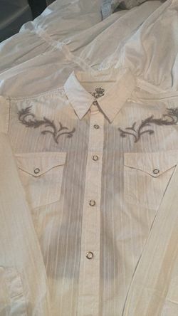 White Western Snap Button Embroidered Shirt M