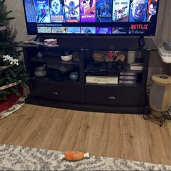 Black Wood And Glass Tv Stand/ Console W/ Storage And Optional Mount