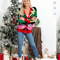 Christmas Flamingos Cardigan Sweater V Neck Button Down