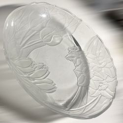 12.75" Crystal Clear Platter Bowl Frosted Design Easter Spring Tulips Daffodil
