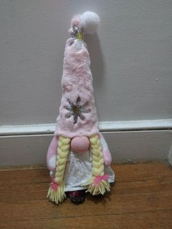 Pink Gnome With Braided Hair And Floral Hat