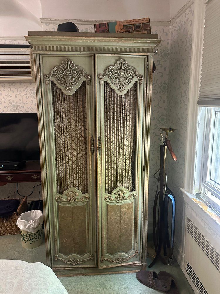 Antique vintage painted green/blue armoire with wire detail