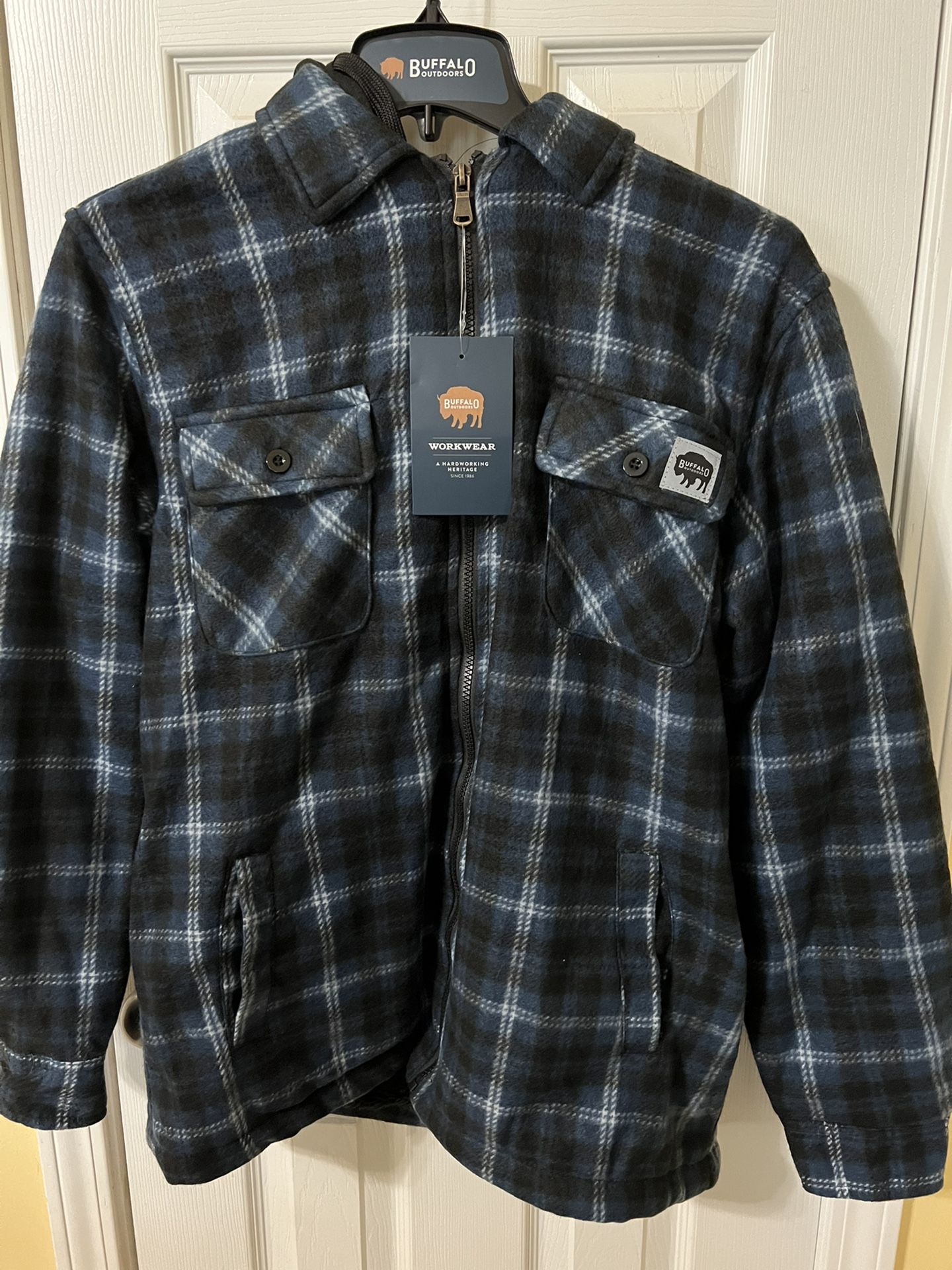 Buffalo Lined Sherpa Fleece Zip Up Hoodie Navy Plaid Jacket