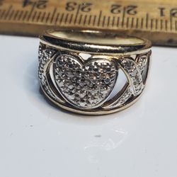 Gold Vermeil Over Sterling Silver 925  .33 CTW  Diamond Cross Heart Size 7 Ring, Like New 